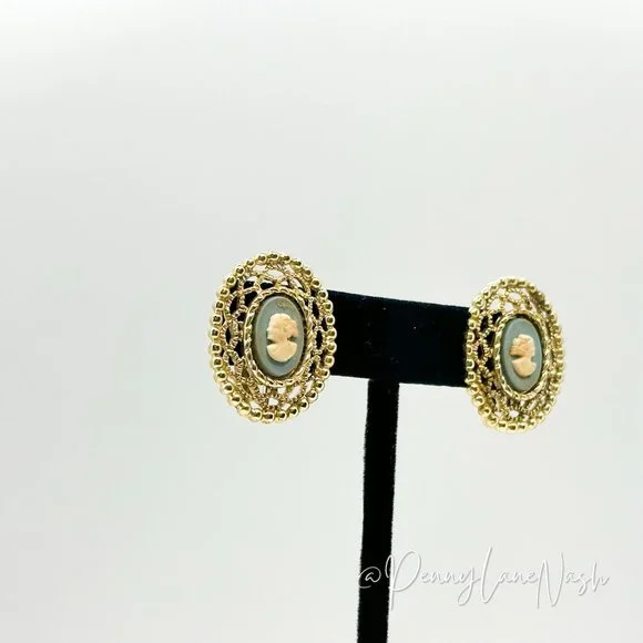 Vintage Gold Badge with Blue & White Silhouette Earrings - Picture 2 of 8